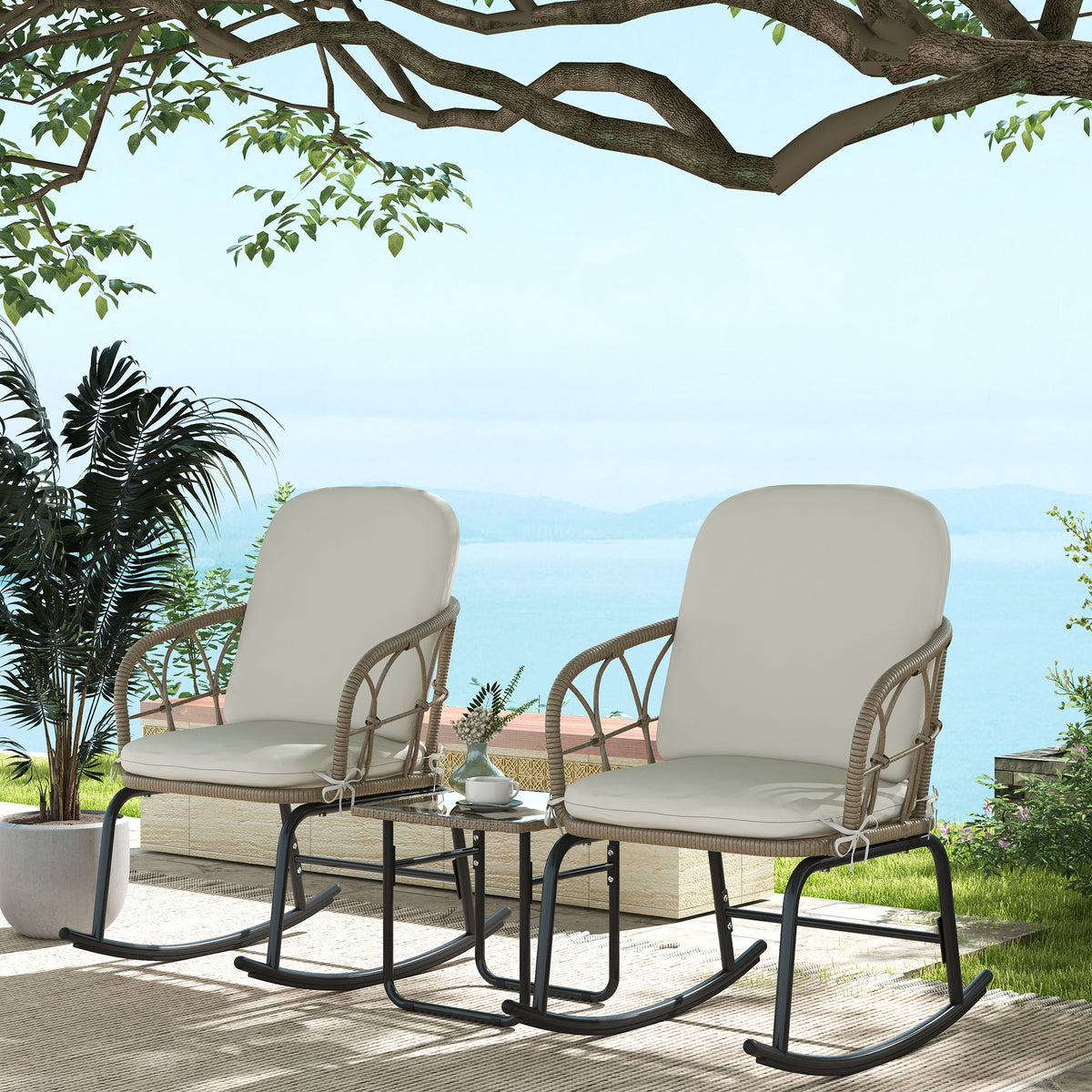 Conjunto De Mecedoras Outsunny Pe, Acero Crema Y Beige 63x82x75 Cm_1