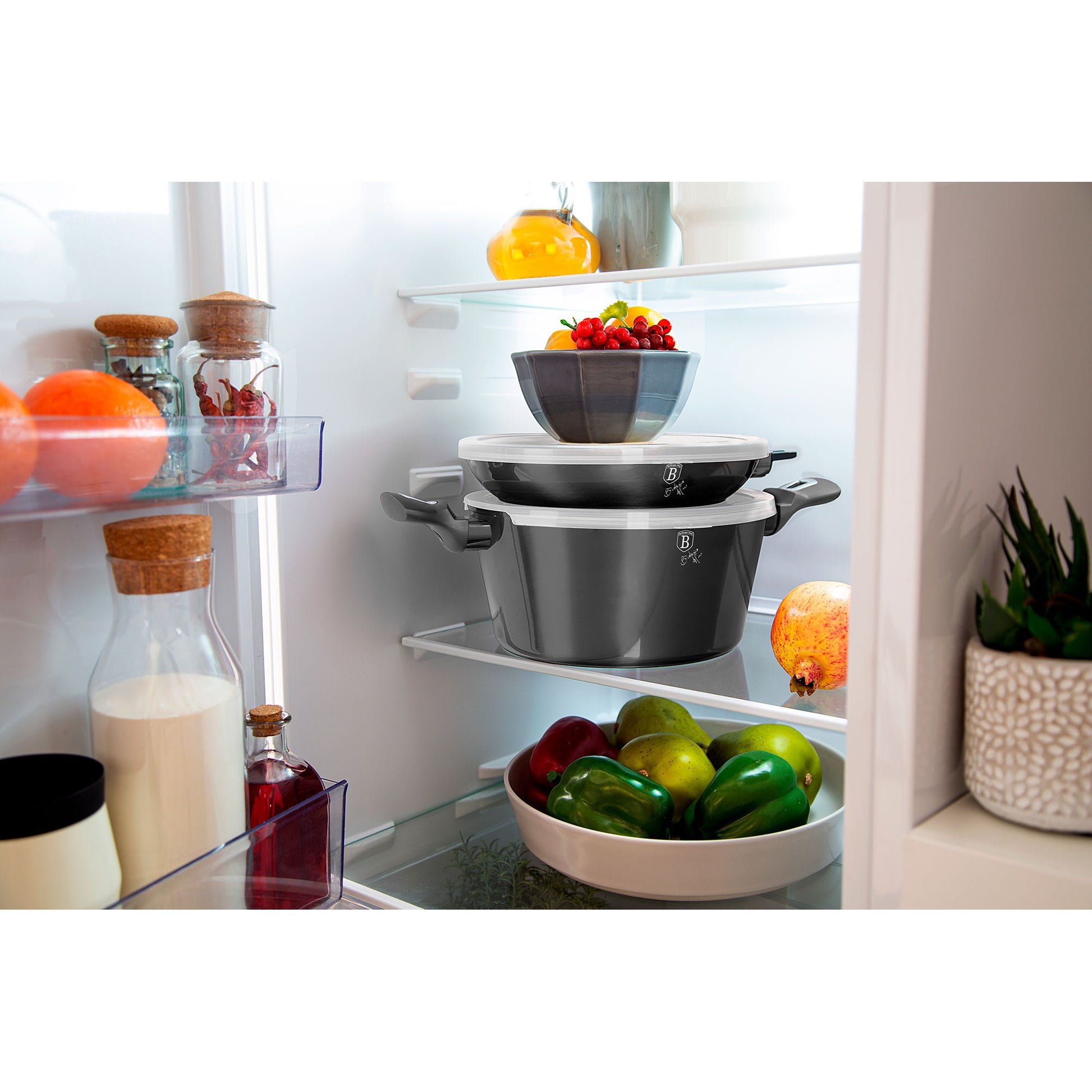 Batería De Cocina Aluminio Forjado Antiadherente Sin Pfoa, Set 2 Cacerolas, 1 Sartén, Tapas Berlinger Haus Carbon Pro Gris Oscuro