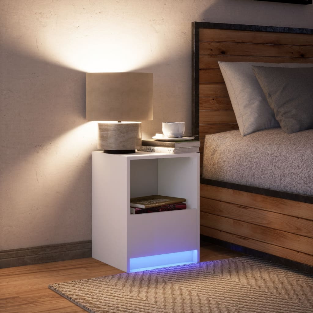 Mesita De Noche Con Luces Led Madera De Ingeniería Blanca_3