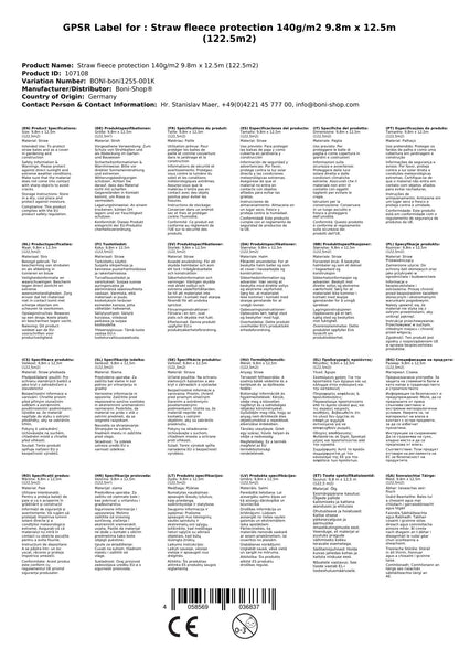 Strohvlies Schutzvliese 140g/m² 9,8m X 12,5m (122,5m²)