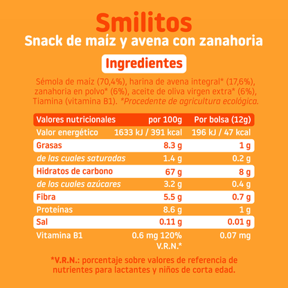 Smilito Maíz, Avena y Zanahoria Multipack ECO Smileat 4 bolsitas de 12g.