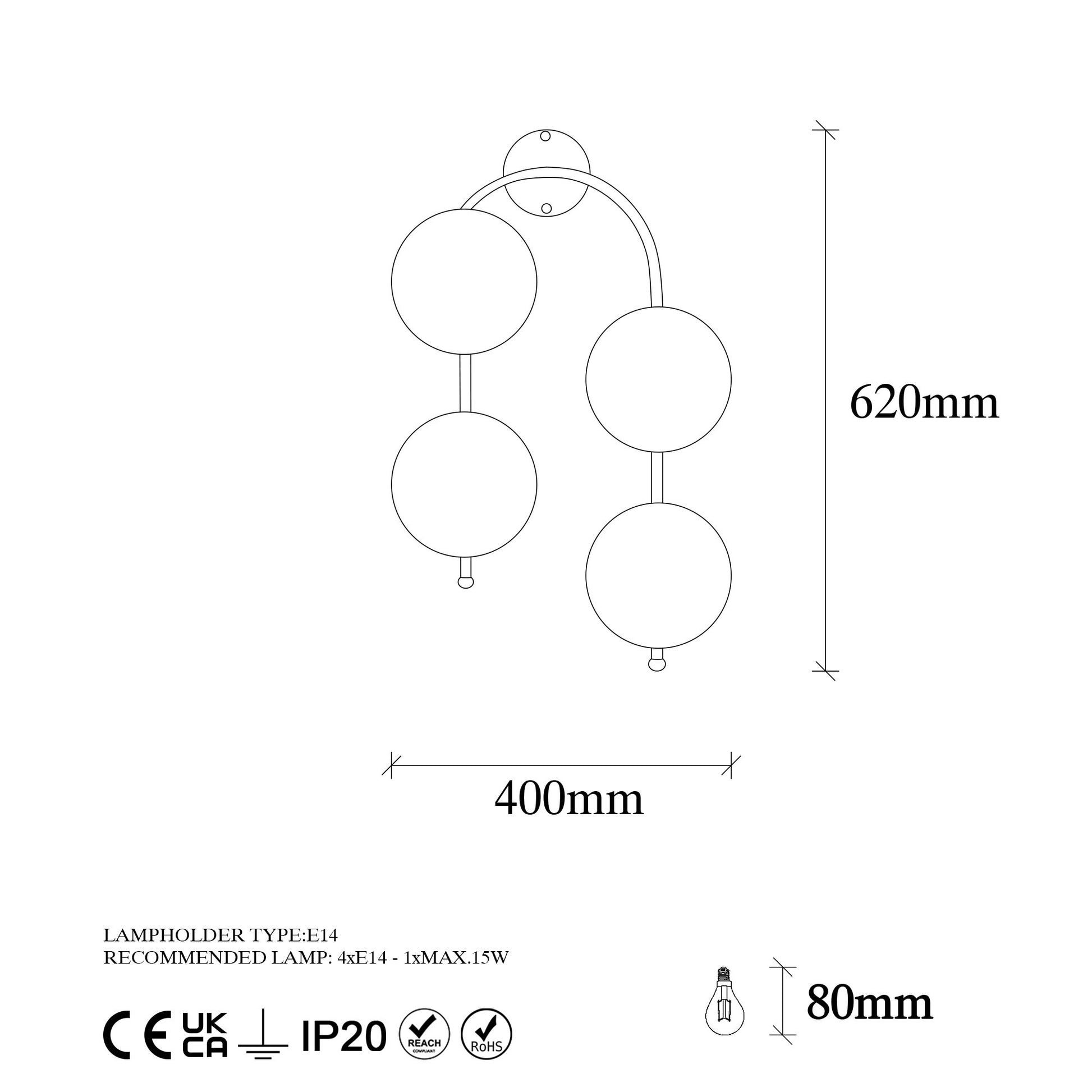 Aplique De Pared Curvo, 4 Transparentes, Metal , Oro Brillante, 40x26x62, Casquillo 4 X E14 Max 15 W_1