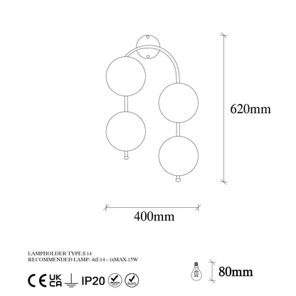 Aplique De Pared Curvo, 4 Transparentes, Metal , Oro Brillante, 40x26x62, Casquillo 4 X E14 Max 15 W_1