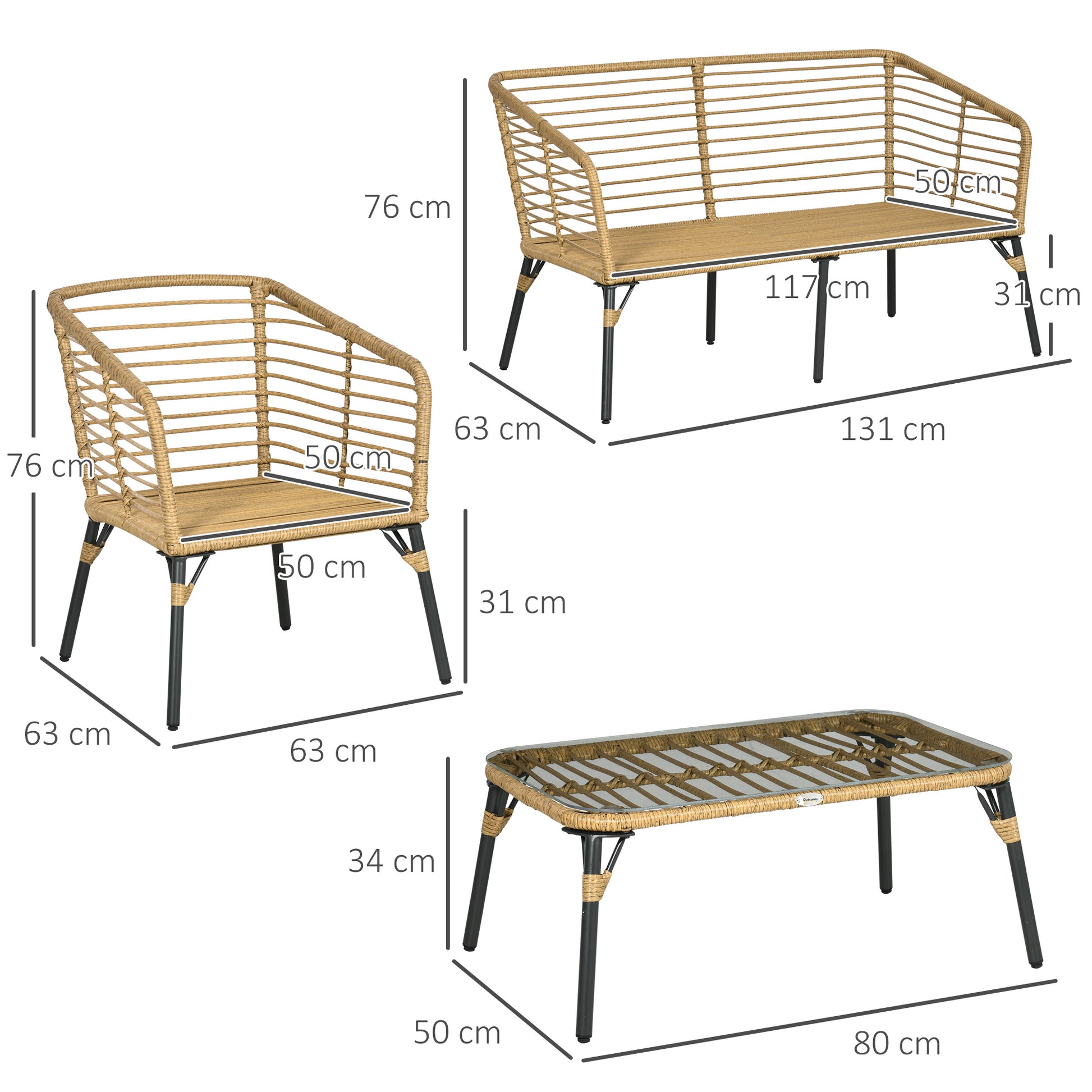 Outsunny Conjunto De Muebles De Ratán Para 4 Personas Con Sofá Sillones Mesa_2