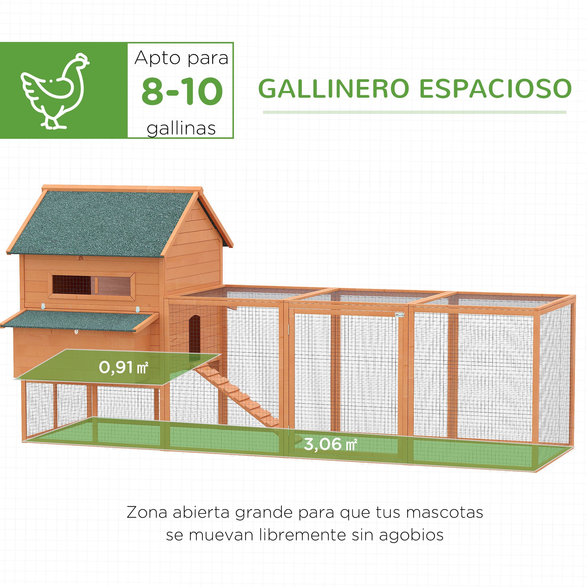 Pawhut Gallinero Exterior Madera Para 8-10 Gallinas Con 2 Nidos 347x160x150 Cm_3