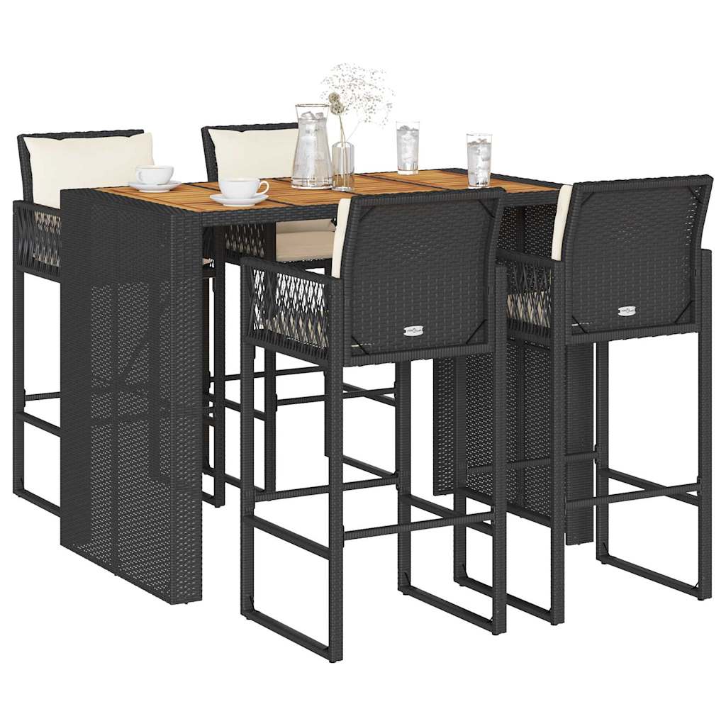 Set Bar Jardín Con Cojines 5 Pzas Ratán Sintético Acacia Negro / Vetonek_4