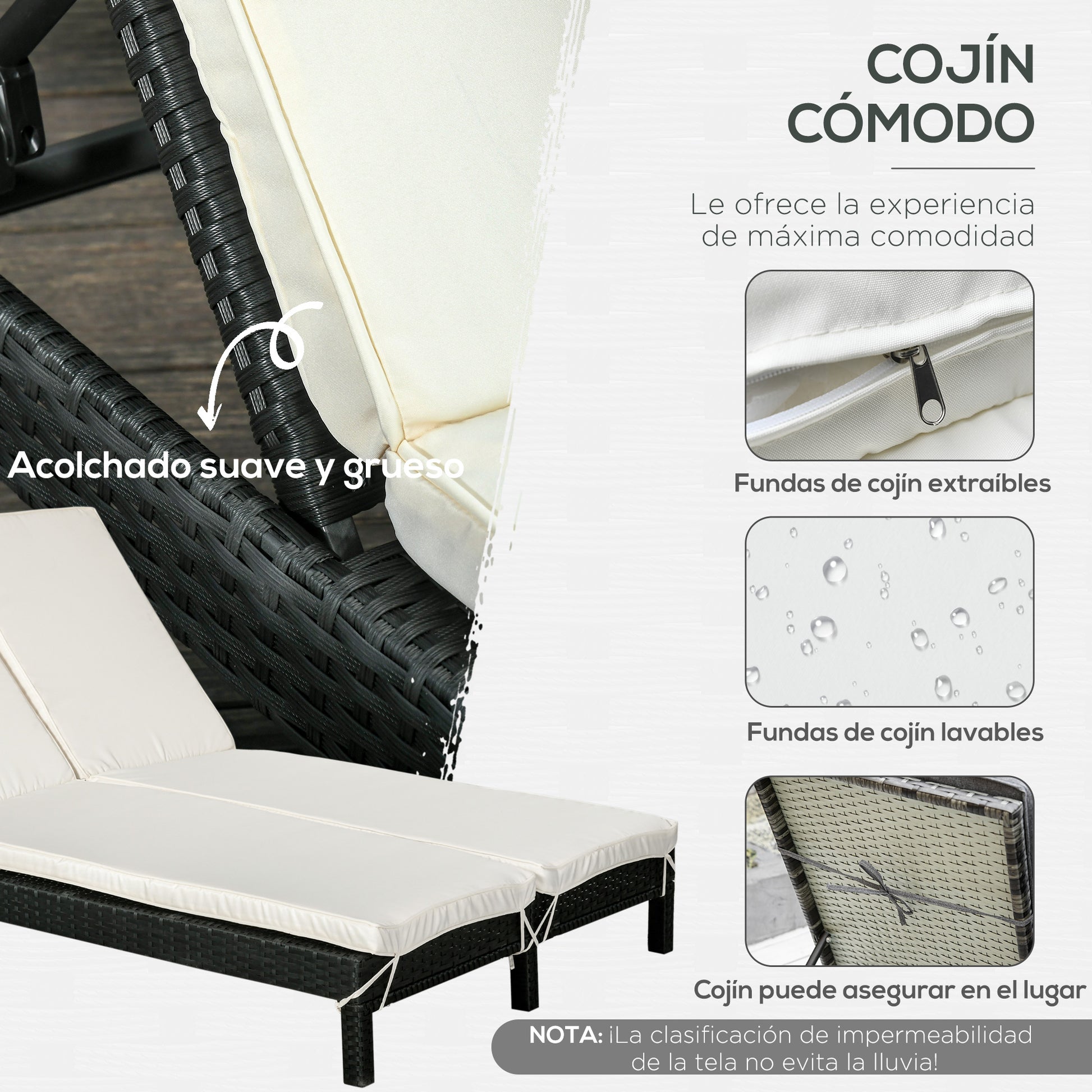Outsunny Tumbona De Ratán 2 Plazas Con Cojines Acolchados Respaldo Regulable 220_5