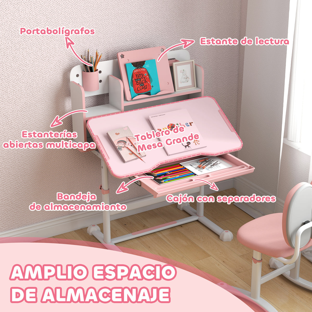 Secretária Infantil Aiyaplay Mdf, Aço Rosa 80x55x107.5 Cm 312-124v80pk_5