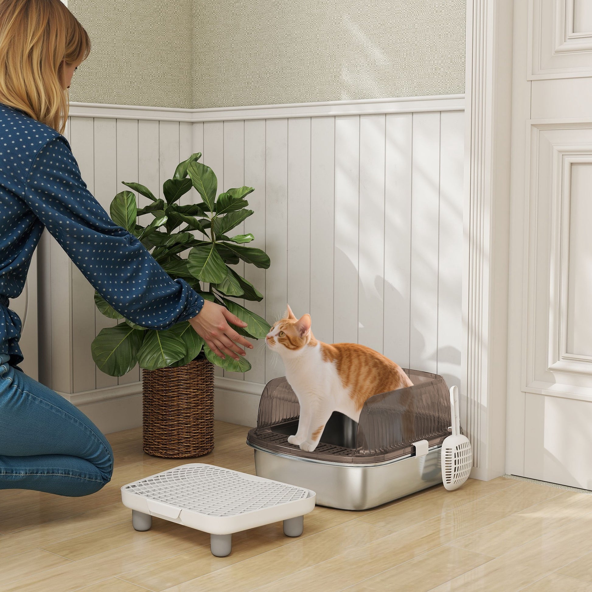 Pawhut Arenero Para Gatos Cubierto Con Bandeja De Acero Pala Y Peldaño Gris_1