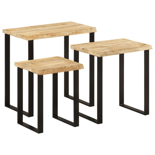 Set De 3 Mesas Apilables Con Borde Natural Madera Maciza Mango_0
