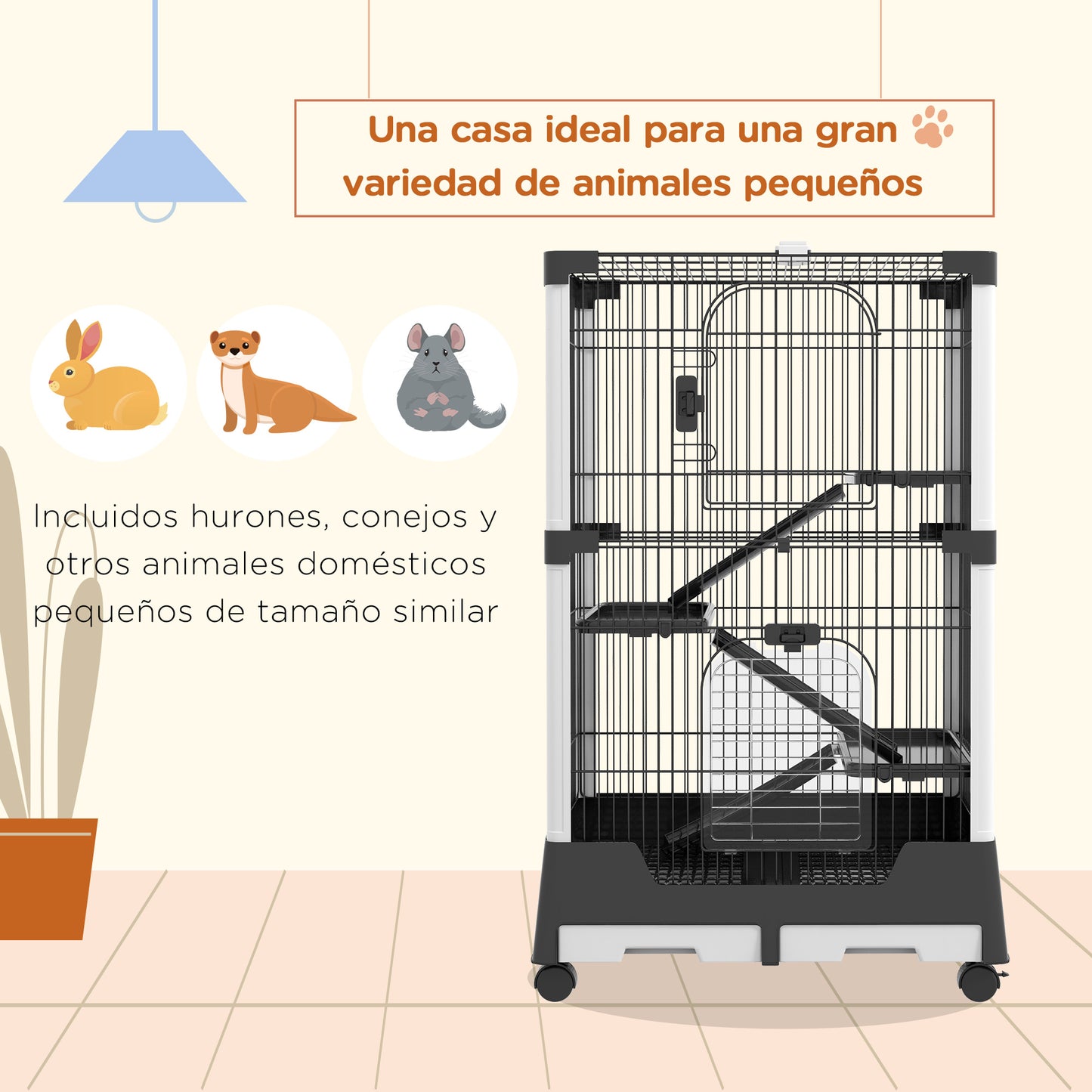Pawhut Jaula Para Animales Pequeños Con Ruedas 114x75x50 Cm 3 Plataformas Negro_3