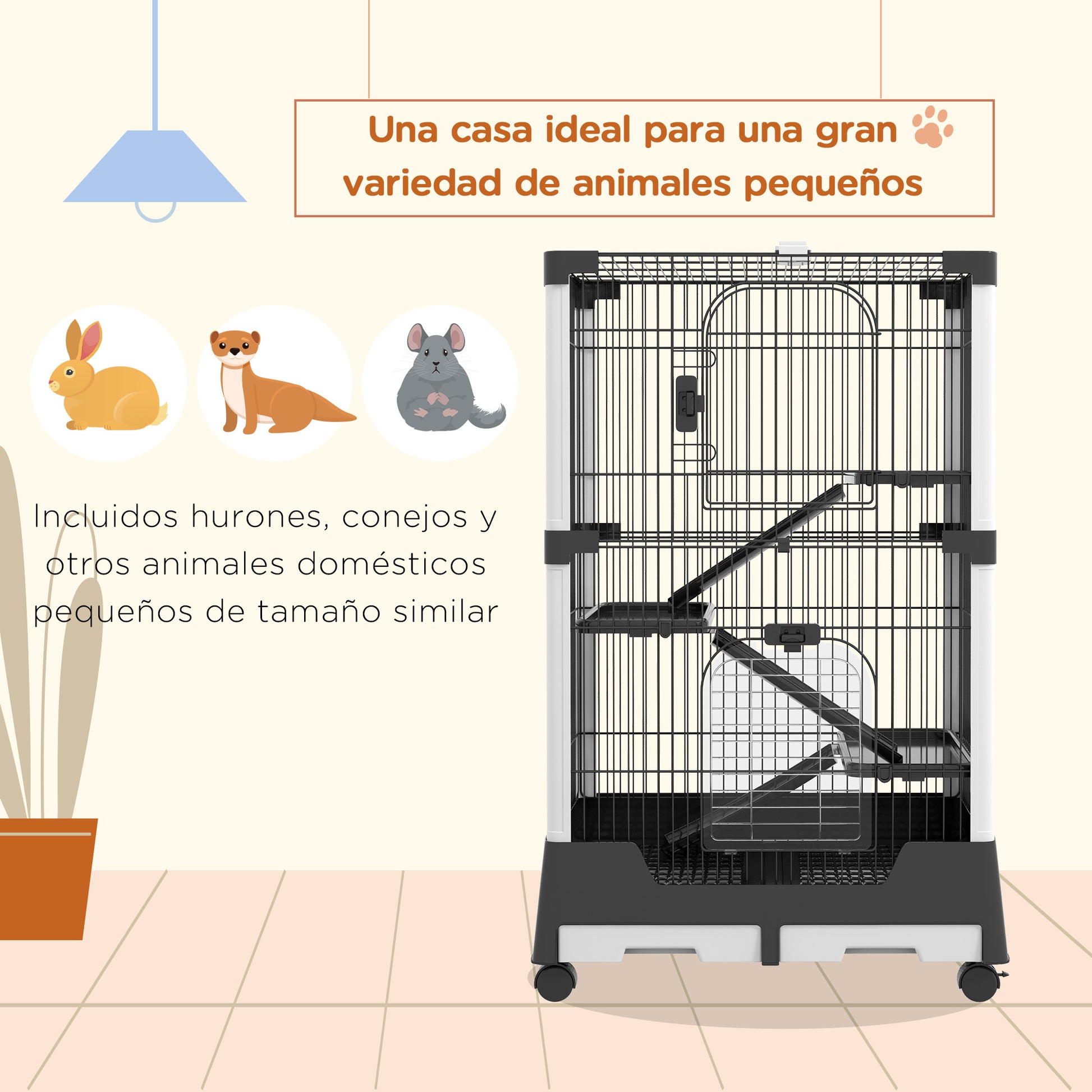 Pawhut Jaula Para Animales Pequeños Con Ruedas 114x75x50 Cm 3 Plataformas Negro_3