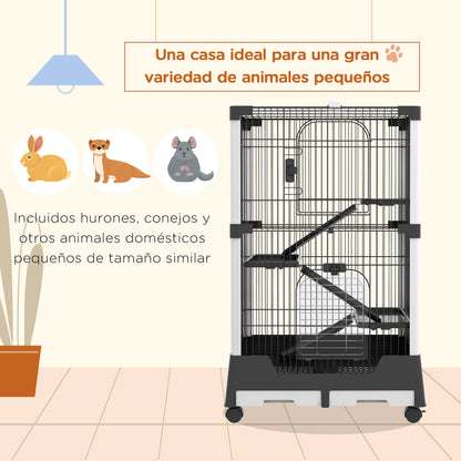 Pawhut Jaula Para Animales Pequeños Con Ruedas 114x75x50 Cm 3 Plataformas Negro_3