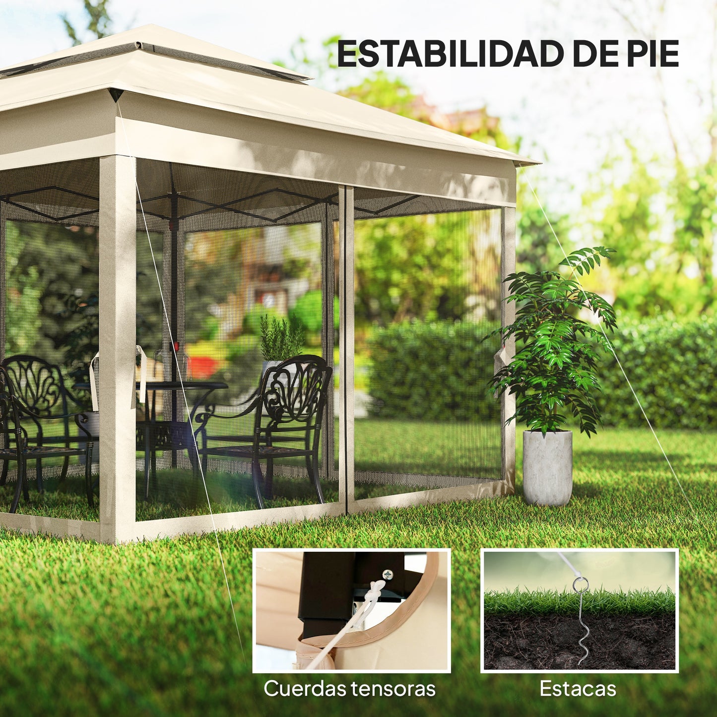 Outsunny Carpa Plegable 3x3x2,7 M Cenador De Jardín Con Doble Techo Crema_5