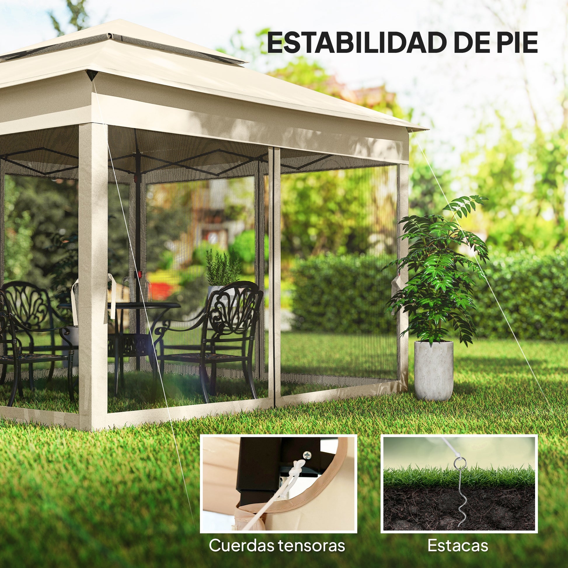 Outsunny Carpa Plegable 3x3x2,7 M Cenador De Jardín Con Doble Techo Crema_5