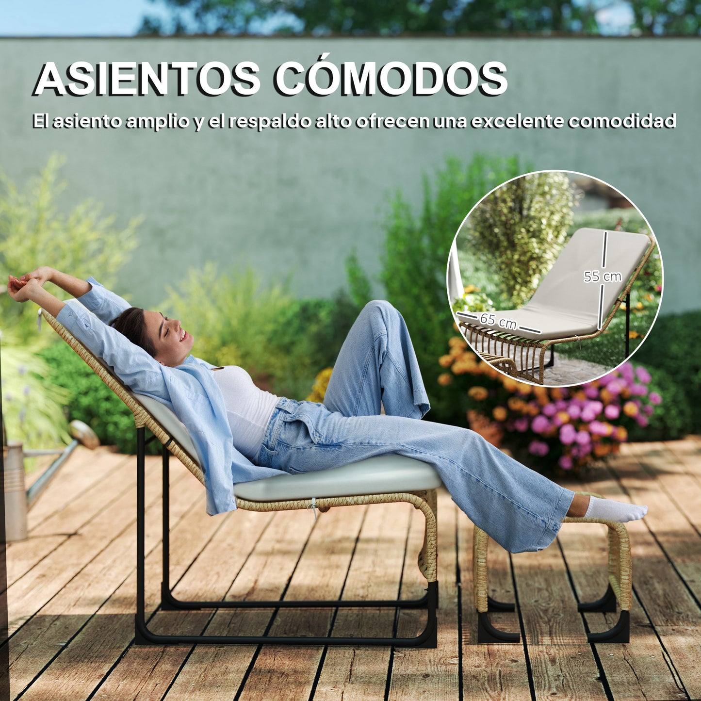 Outsunny Conjunto De Sillón De Jardín Con Reposapiés De Ratán Sintético Beige_4