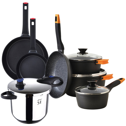 Set De 7pc Batería De Cocina En Alu Forjado+ 2 Sartenes Ø20ø28 Inducción + Olla A Presión 9l Acero Inox San Ignacio_0