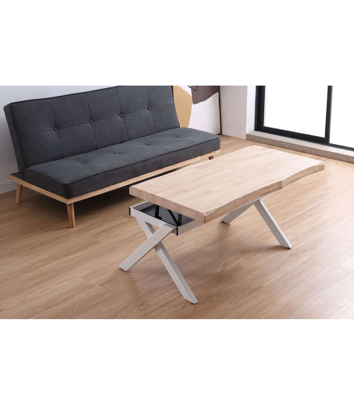 Mesa Centro Elevable Xena Tapa Con Forma Acabado Roble Nordish/blanco, 47cm(alto) 120 Cm(_5