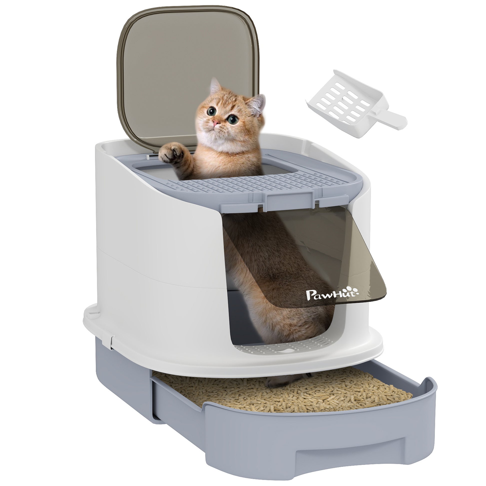 Pawhut Arenero Para Gatos Cubierto Con Bandeja Extraíble Y Pala Blanco Y Gris_0