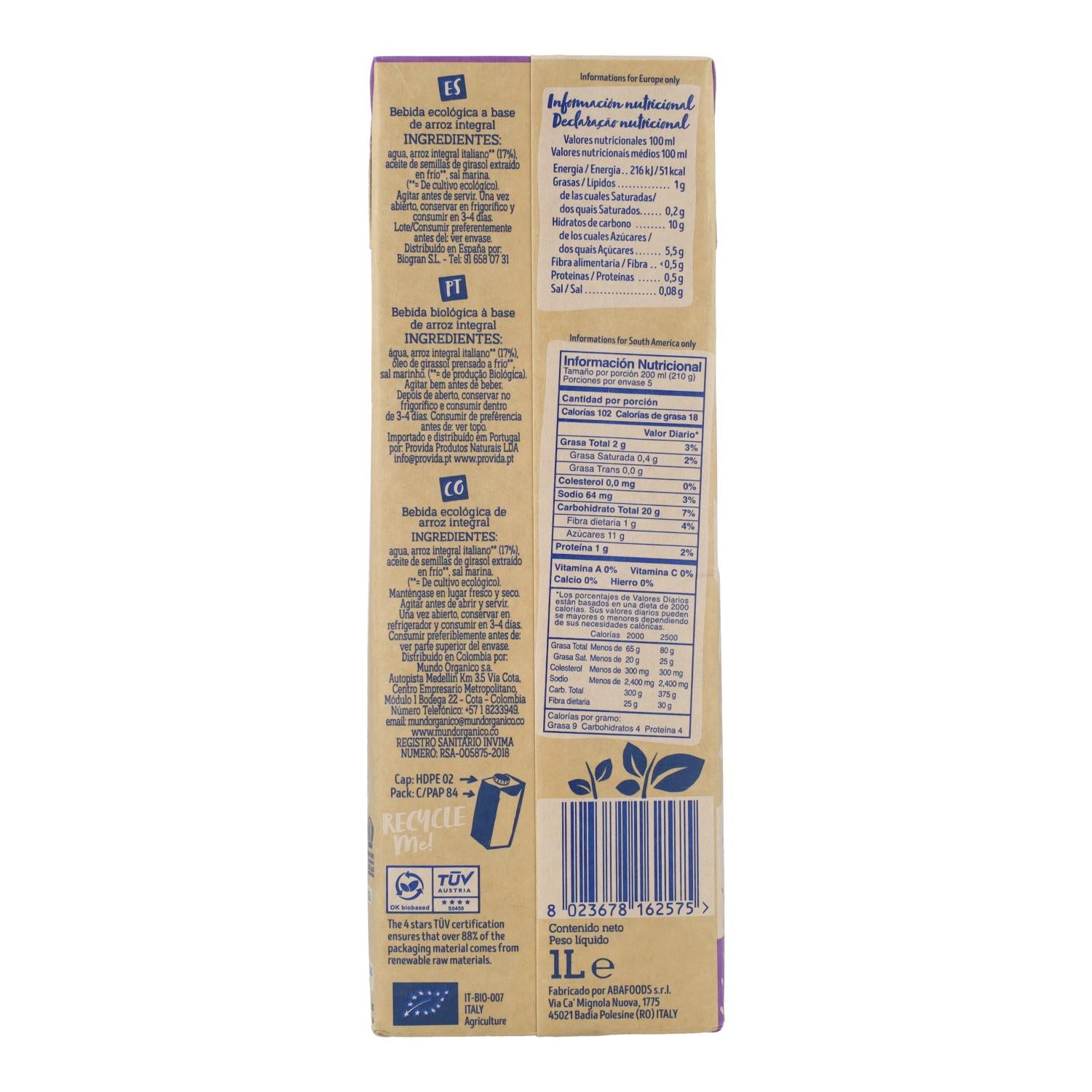 Bebida BIO Arroz Integral Sin Gluten Isola Bio 1 L