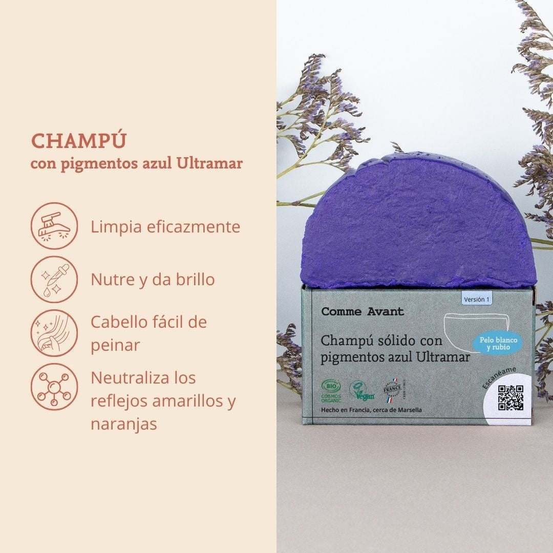 Champú sólido con pigmentos azul Ultramar (para cabello rubio y blanco) Comme Avant 70 g