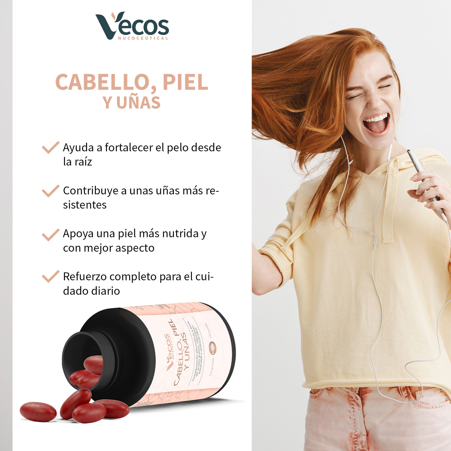 Cabello Y Uñas Vecos 150 Perlas | Fortalecimiento Capilar Y Uñas | Con Biotina, Omega 3 Y L-cistina_3