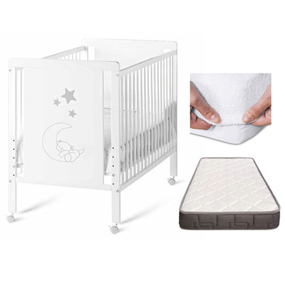 Cuna Bebé Indi Estilo Nórdico Infantil En Blanco Y De Madera De Haya, Con Colchón Morfeo Y Funda De Colchón Impermeable_0