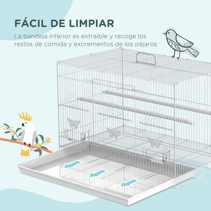 Pawhut Jaula Para Pájaros De Metal 60x41x41 Cm Con Comederos Y 2 Perchas Blanco_4