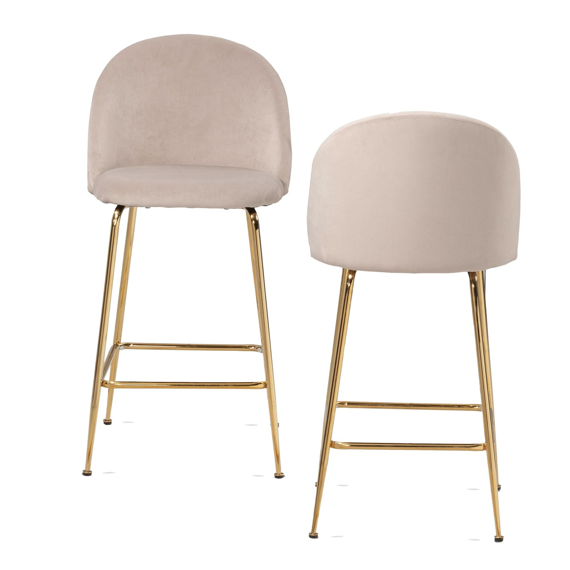 Juego De 2 Taburetes De Bar, Terciopelo Beige Con Respaldo Y Patas Doradas_0