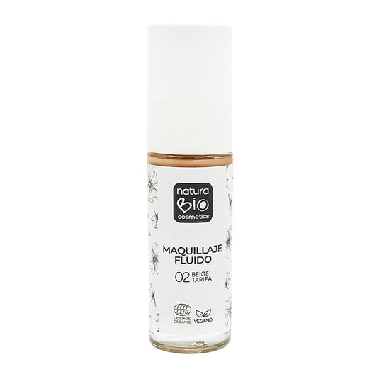 Maquillaje Fluido 02 Beige Tarifa, Acabado Impecable, Con Rosa Mosqueta y Manteca de Karité,  NaturaBio Cosmetics, 30ml