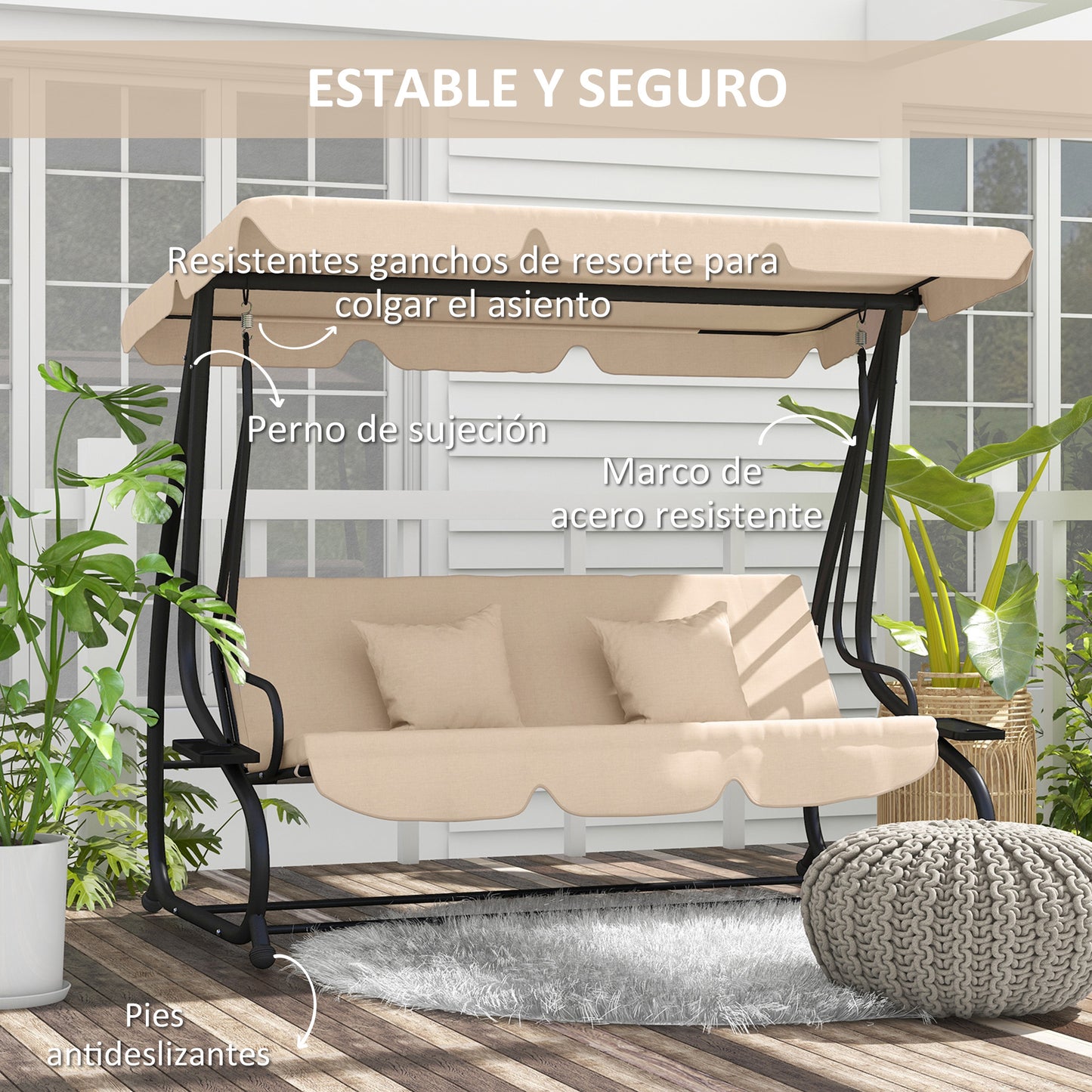 Outsunny Columpio De Jardín Exterior 2 En 1 Con Toldo Ajustable Y Cojines Arena_5