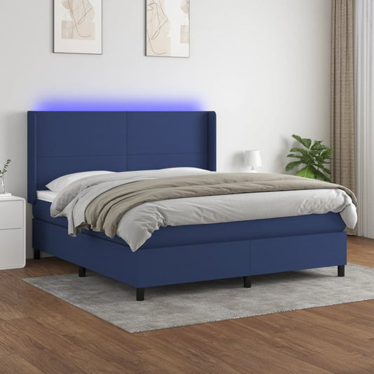 Cama Box Spring Colchón Y Luces Led Tela Azul 160x200 Cm / Vetonek_0