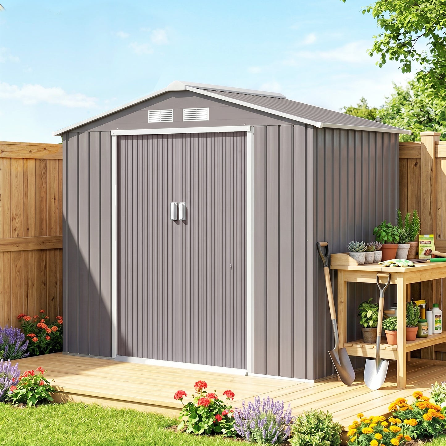 Outsunny Caseta De Jardín 213x130x185 Cm Con 2 Puertas Correderas Y 4 Ventanas_1