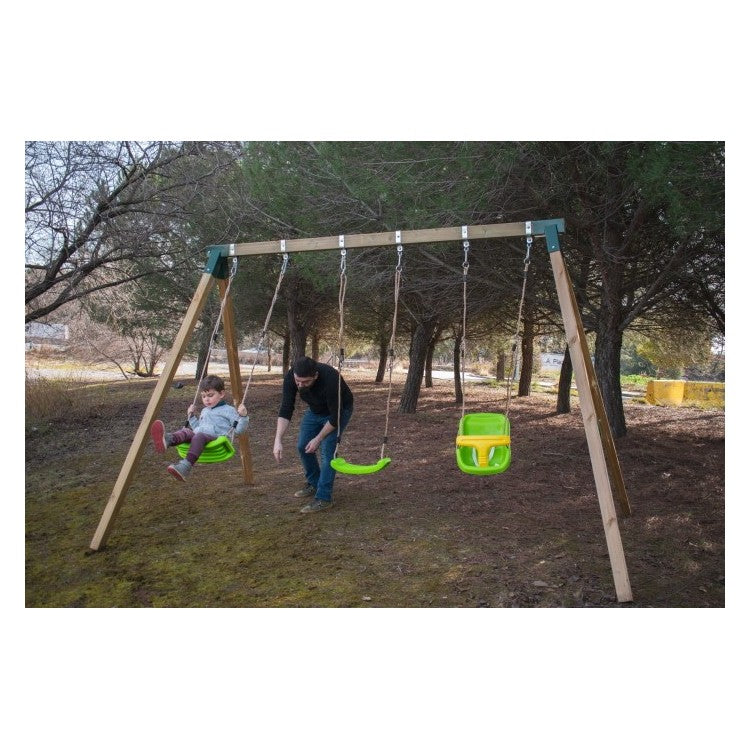 Columpio Triple De Madera Cuadrada Masgames Nori Xl + Asiento Bebe._2
