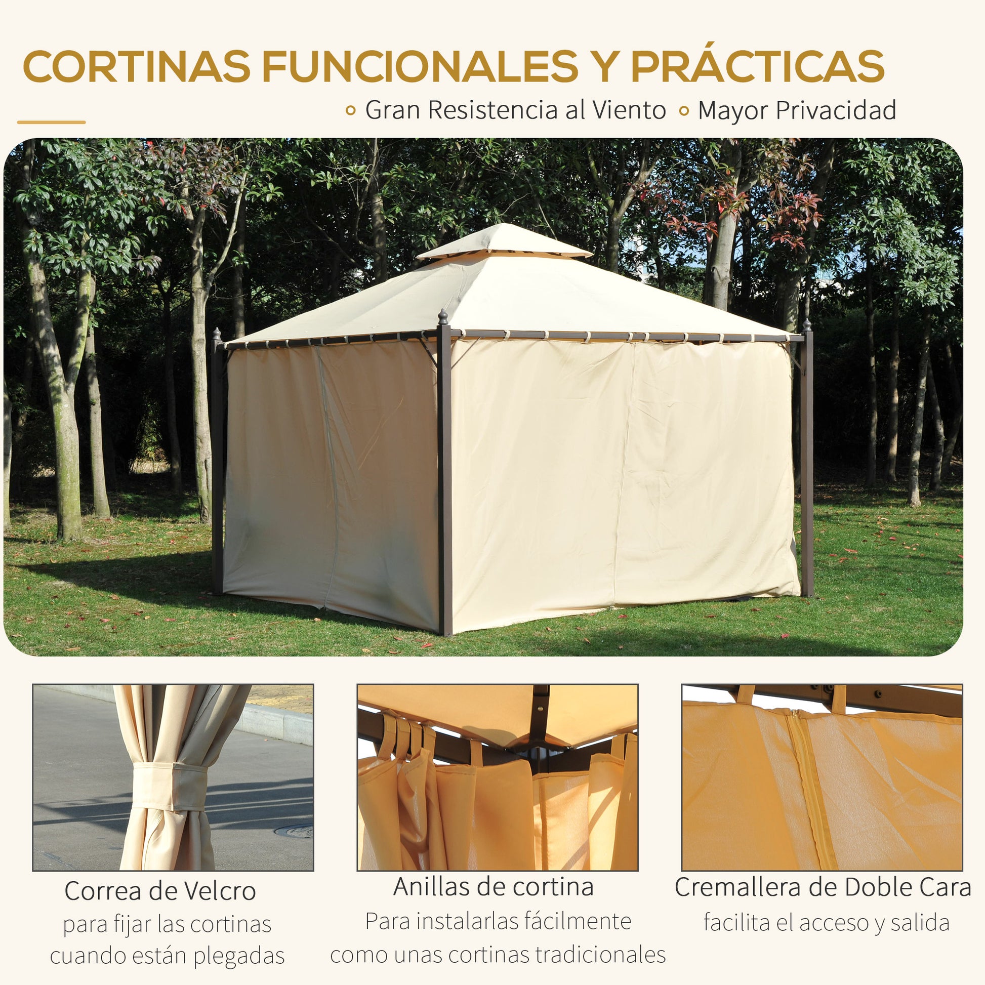 Outsunny Cenador De Jardín 3x3m Con Doble Techo 4 Cortinas Laterales Fiesta_5