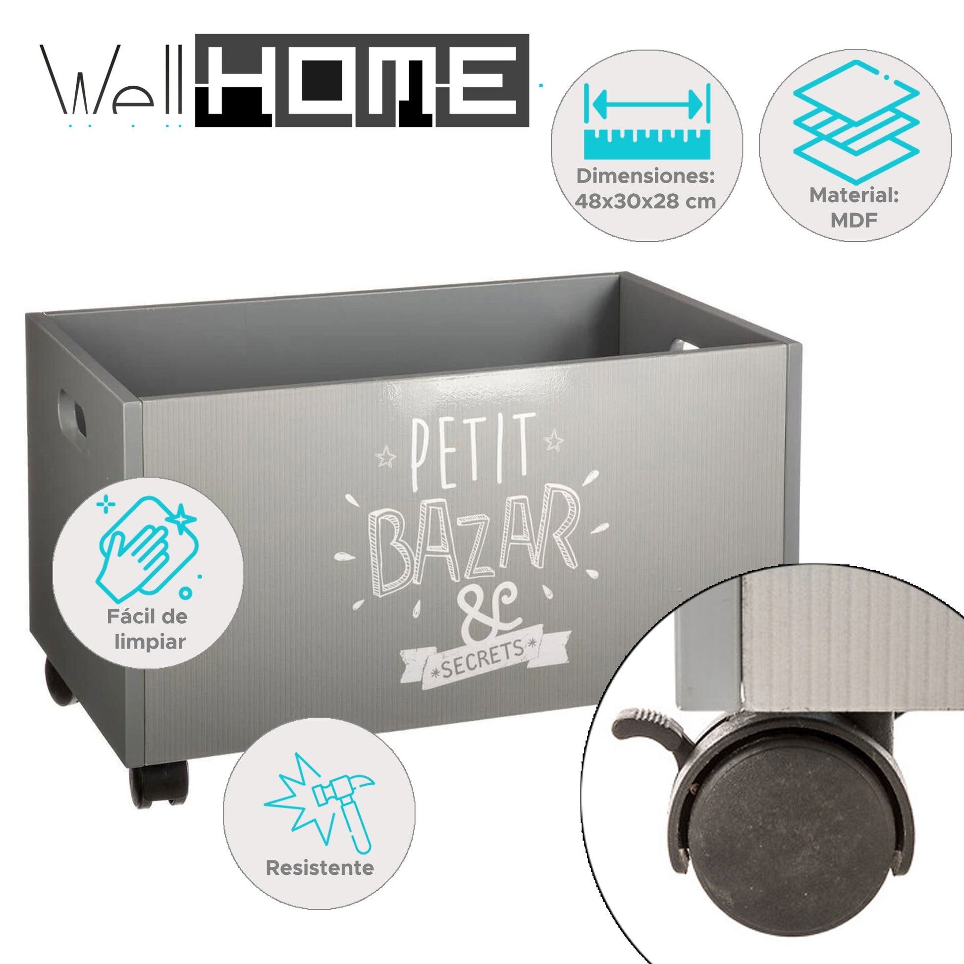 Well Home - Cofre De Juguetes Para Niños Con Ruedas Color Gris 48 X 30 X 28 Cm