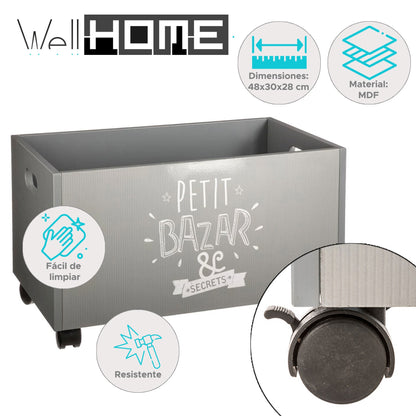 Well Home - Cofre De Juguetes Para Niños Con Ruedas Color Gris 48 X 30 X 28 Cm