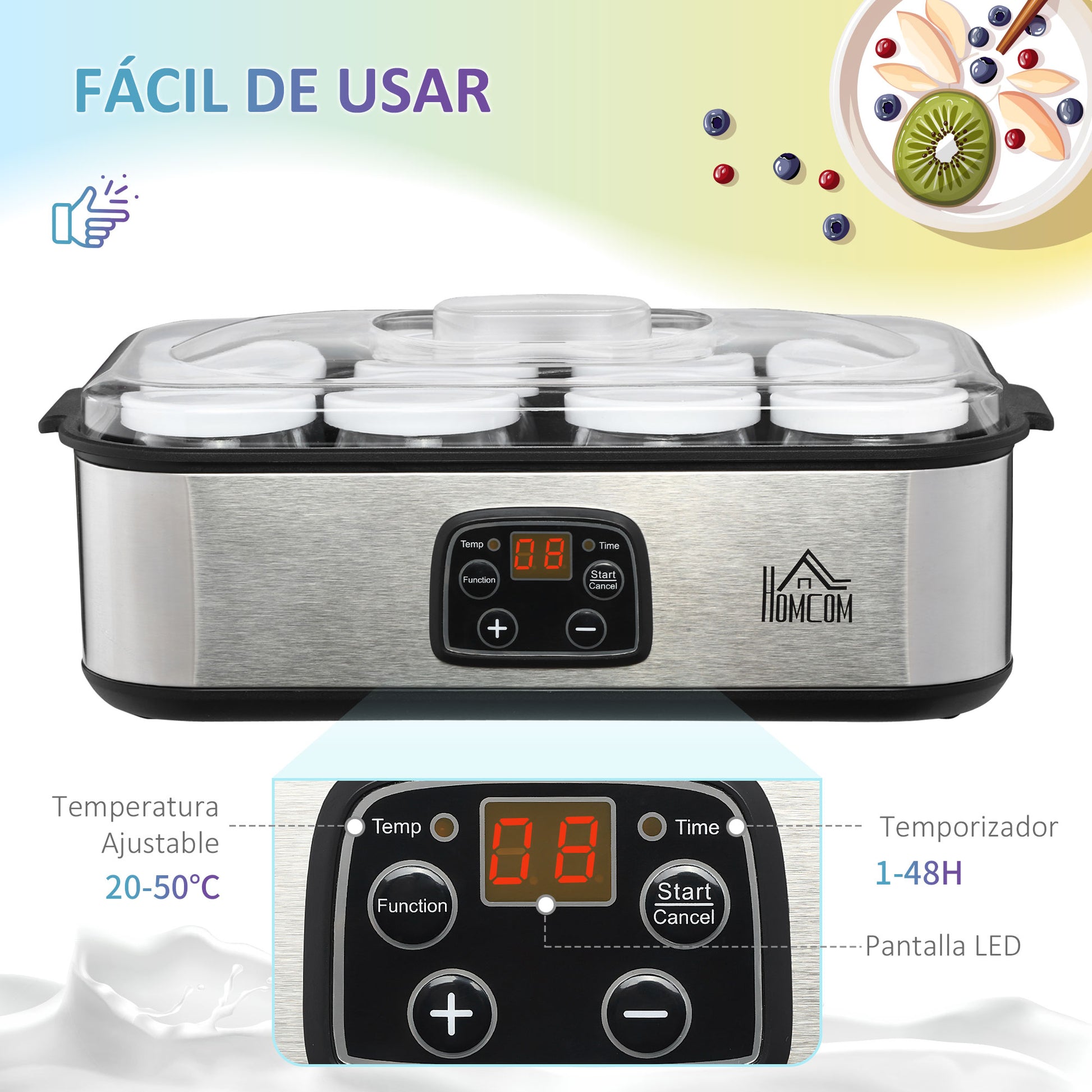 Homcom Yogurtera Capacidad 1,44l Con 8 Tarros 180ml Temporizador Y Termostato_5