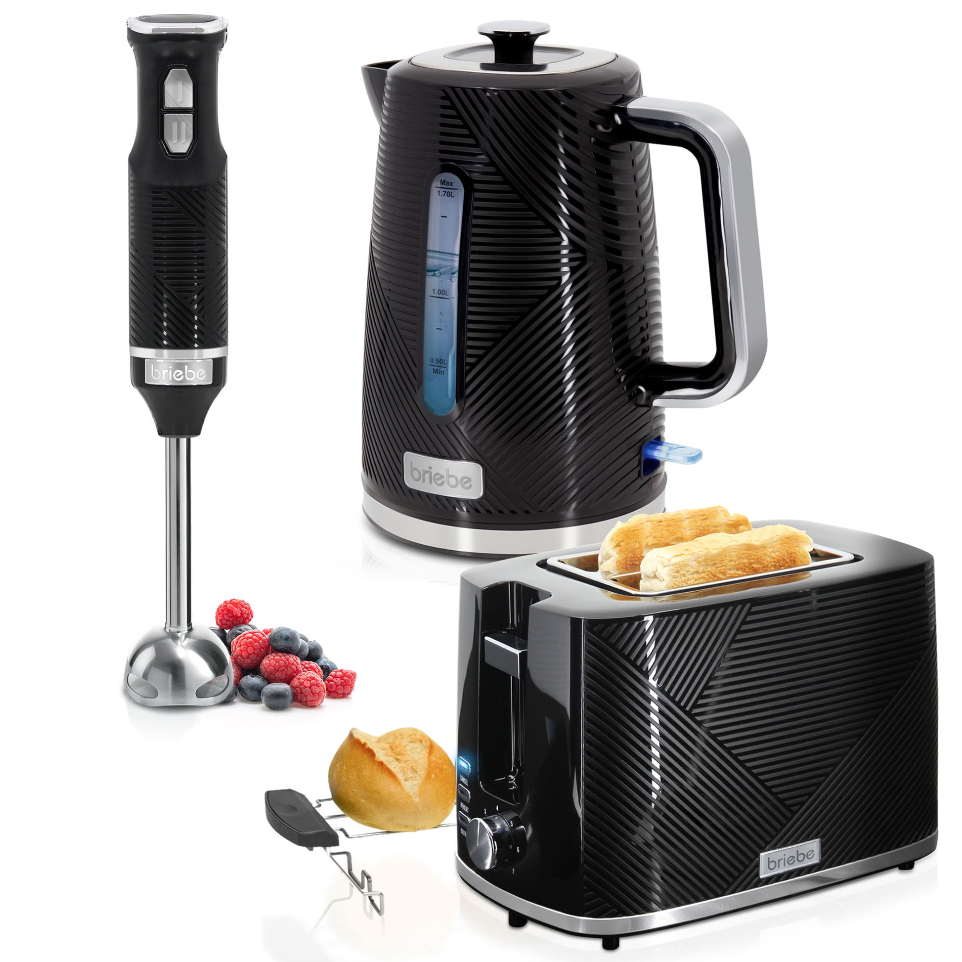 Briebe Elegance Set Tostadora Pan 2 Rebanadas Anchas + Hervidor Agua 1,7l Inalámbrico + Batidora Mano, Skt1186blk, Negro_0