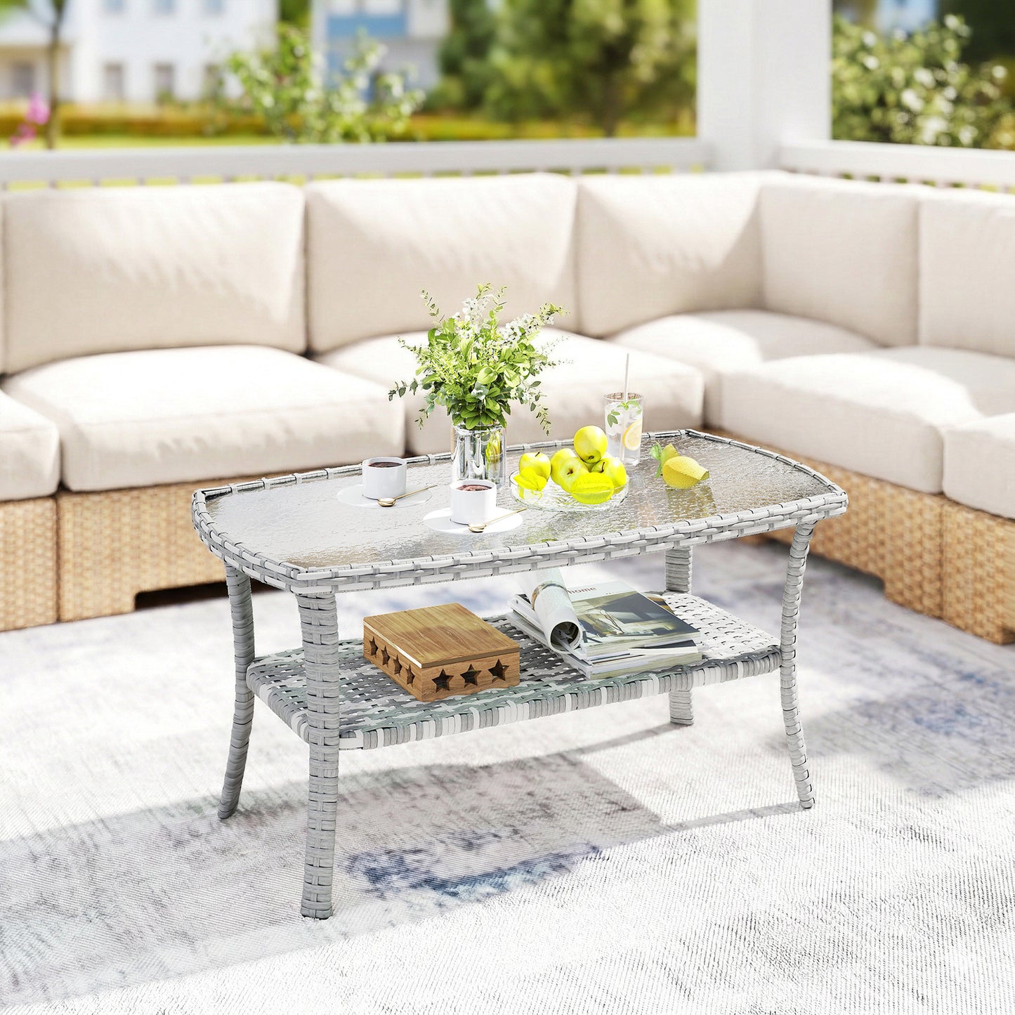 Outsunny Mesa De Jardín Exterior Rectangular De Ratán Con Estante Gris Oscuro_1