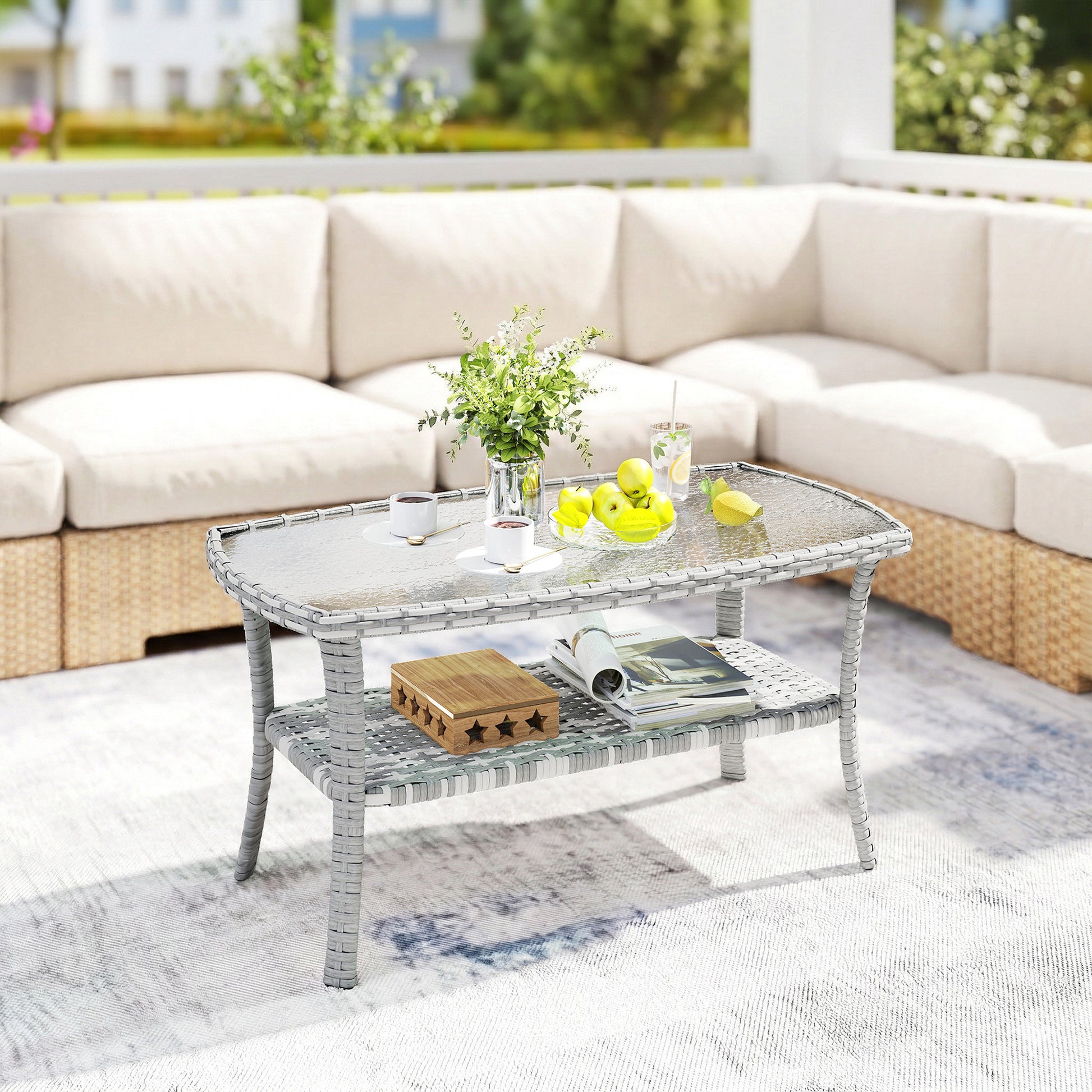 Outsunny Mesa De Jardín Exterior Rectangular De Ratán Con Estante Gris Oscuro_1