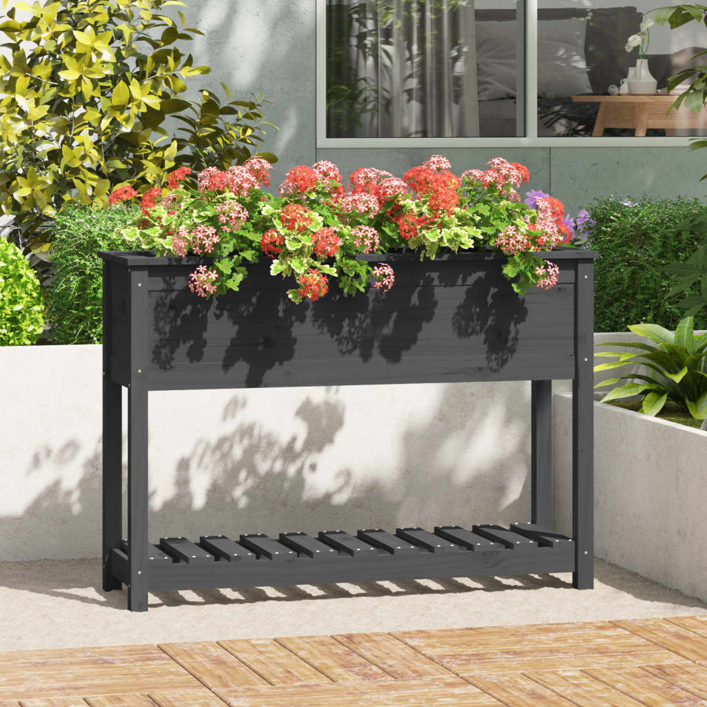 Jardinera Con Estante Madera Maciza Pino Gris 111,5x34,5x81 Cm_1