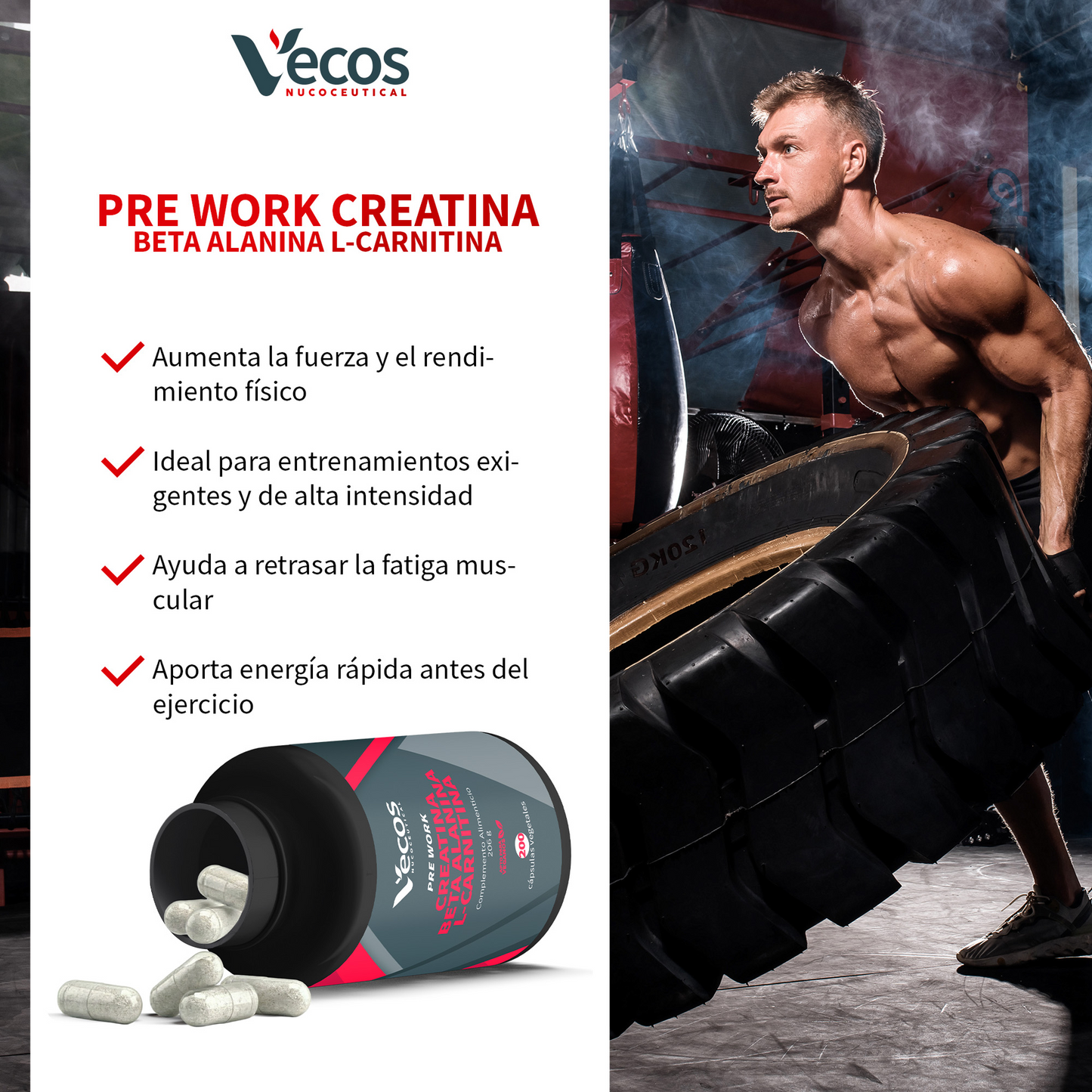 Creatina + Beta Alanina + L-carnitina Vecos 200 Cápsulas | Fuerza, Resistencia Y Rendimiento_3