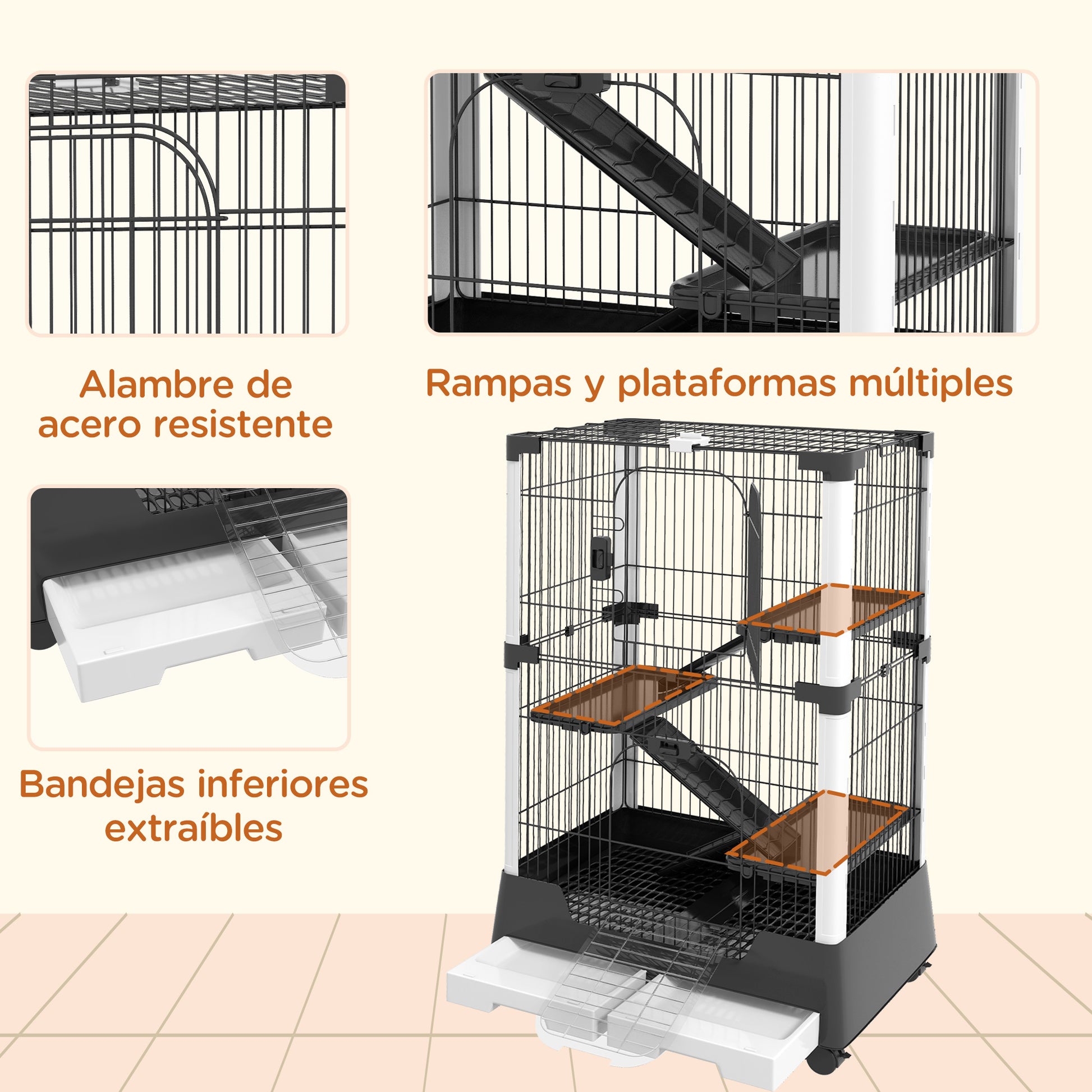 Pawhut Jaula Para Animales Pequeños Con Ruedas 114x75x50 Cm 3 Plataformas Negro_5