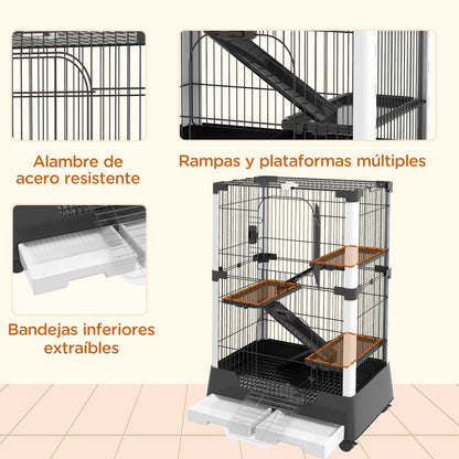Pawhut Jaula Para Animales Pequeños Con Ruedas 114x75x50 Cm 3 Plataformas Negro_5