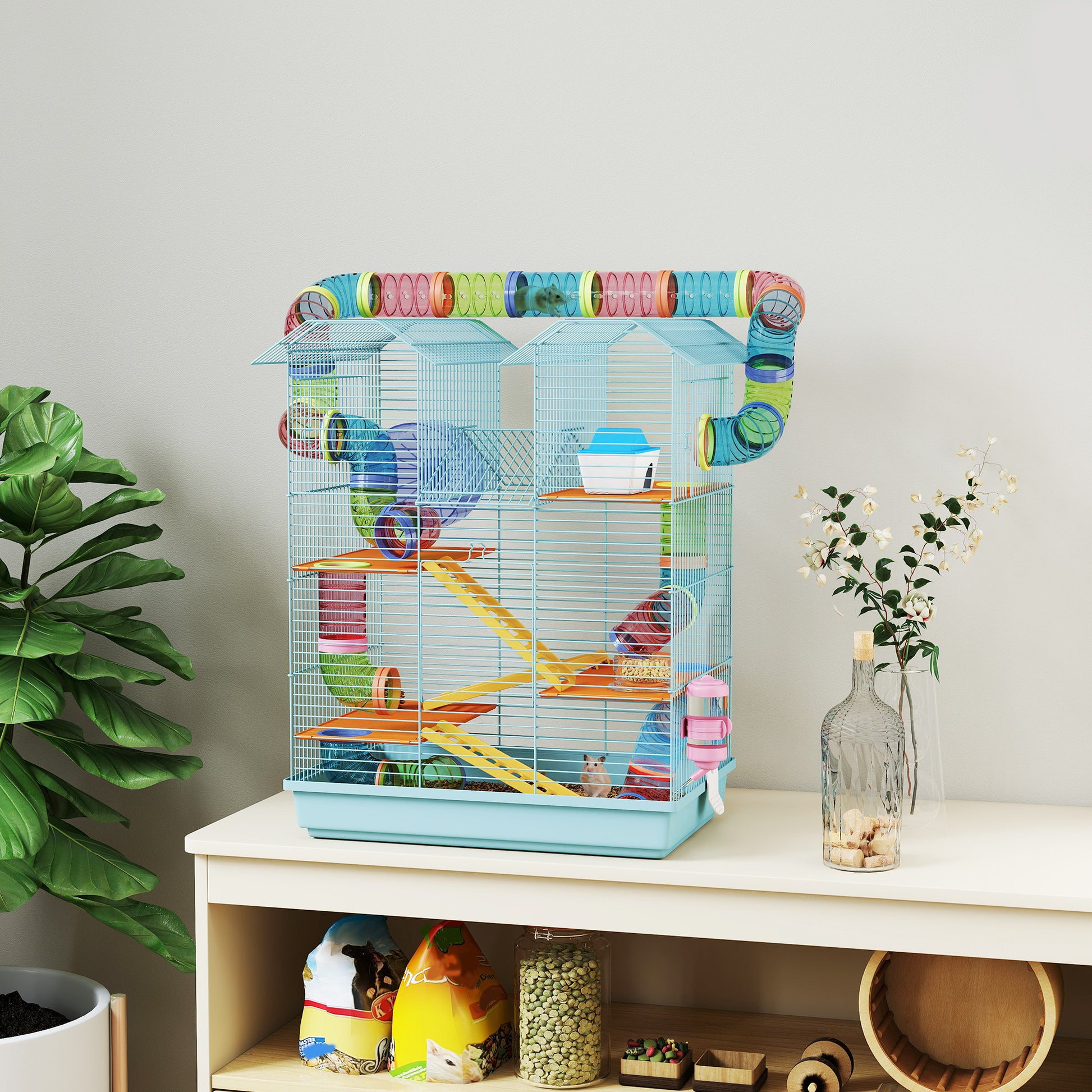 Pawhut Jaula Para Hámster Con Tubos Casita Rueda Plataformas 47x30x59 Cm Azul_1
