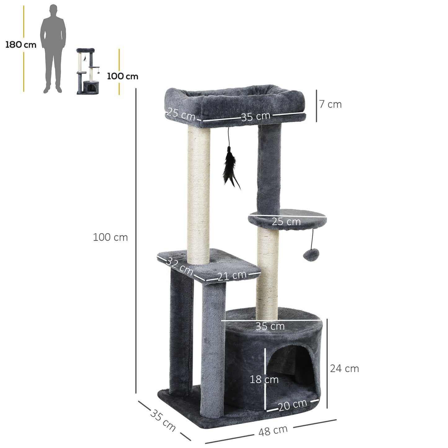 Pawhut Árbol Para Gatos 100 Cm Con Postes Para Rascar Cama 48x35x100 Cm Gris_2