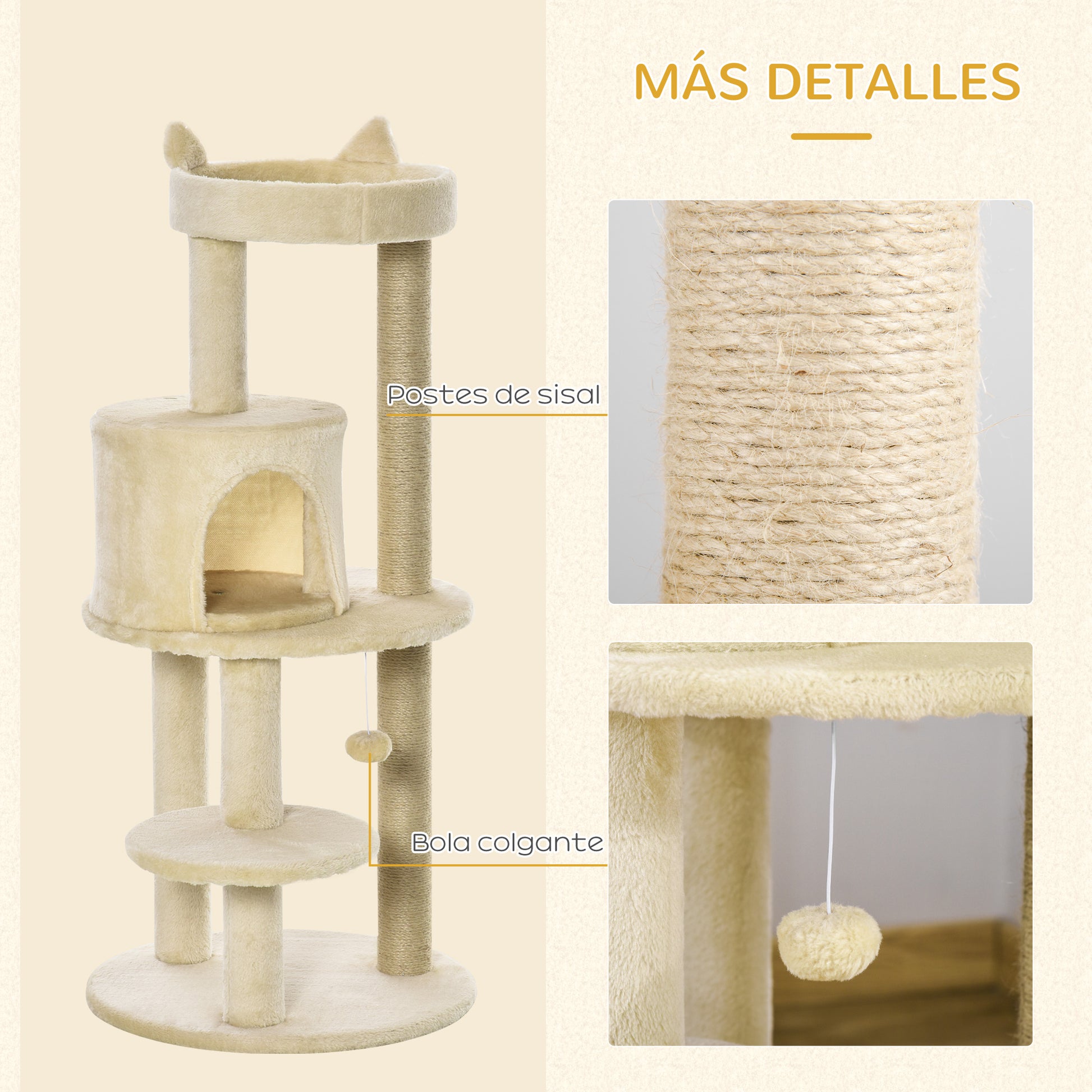 Pawhut Árbol Rascador Para Gatos 104 Cm Con Plataformas Refugio Postes De Sisal_4