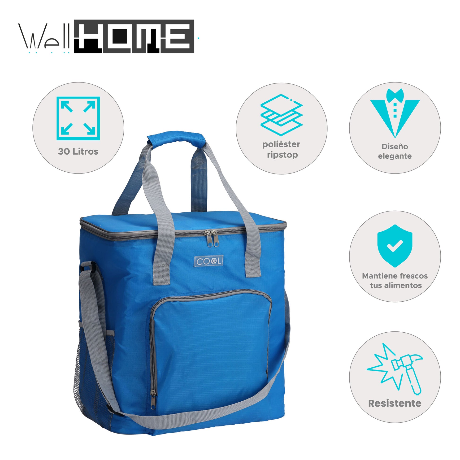 Well Home Bolsa Nevera Azul Brillante De 30l Con Detalles En Gris Y Espuma Aislante De 5 Mm_1
