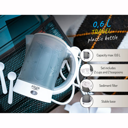 Adler Hervidor De Agua Eléctrico De Viaje 0,6 L Sin Bpa, Apagado Automático, Resistencia Acero Inox, Ad126,blanco/gris_5